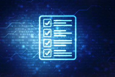 Check Mark on Abstract Blue Backgroud. Quality Control, Guarantee, Checklist, Survey, Compliance Concept, Technology abstract background