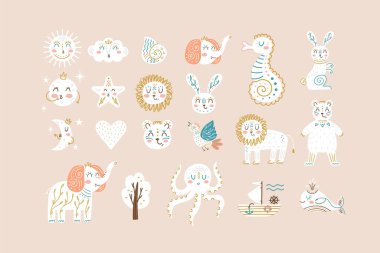 Kabile tarzı vektör illüstrasyonunda Boho çocuk hayvanları