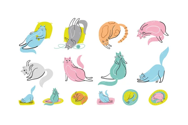 Conjunto Gatos Bonitos Ilustração Vetorial Estilo Desenhado Mão — Vetor de Stock