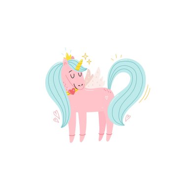 Sevimli komik tek boynuzlu at kart şablonu el çizimi biçiminde vektör illüstrasyonuName