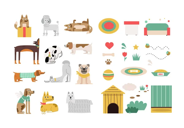 Cute dogs collection of elements in flat style vector illustration — Stock Vector