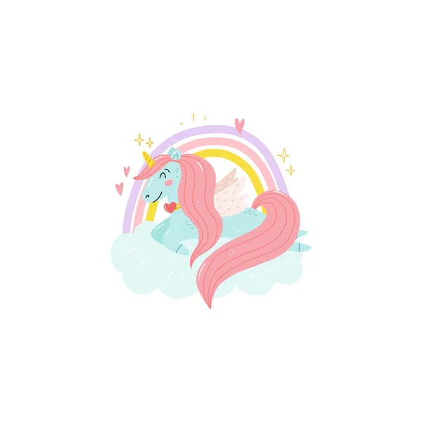 Lindo divertido unicornio tarjeta plantilla vector ilustración en mano dibujar estilo — Archivo Imágenes Vectoriales