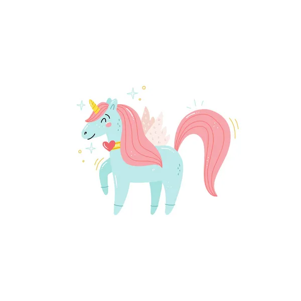 Lindo divertido unicornio tarjeta plantilla vector ilustración en mano dibujar estilo — Vector de stock