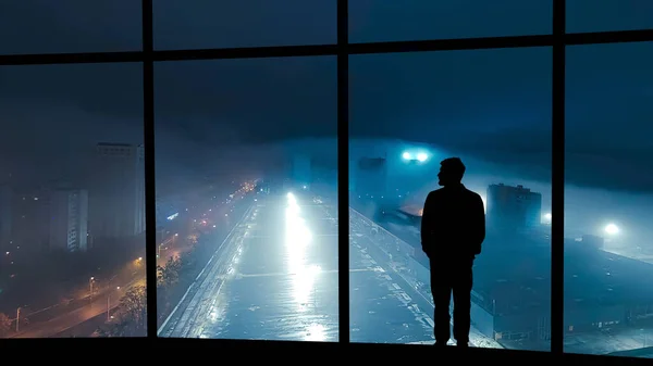 Man Standing Panoramic Window Shopping Center Background — Stock Photo, Image