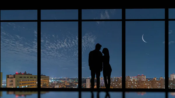 The couple standing near the panoramic window on a city moon background