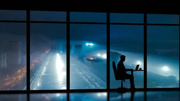 The businessman sitting near a panoramic window against the night city
