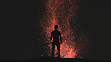 The man stands on a falling shimmering particles background