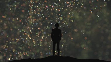 The man in suit standing on a falling shimmering particles background