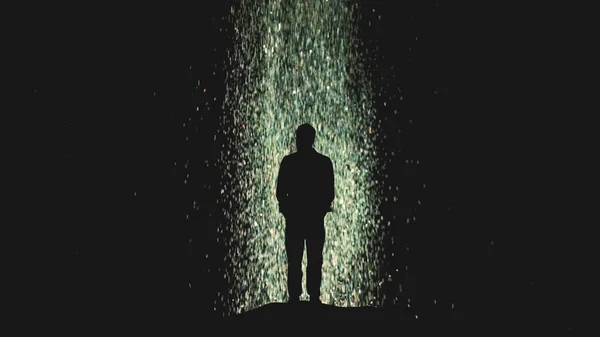 Man Stands Flying Cosmic Particles Background — kuvapankkivalokuva