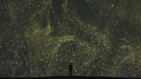 Man Stands Flying Cosmic Particles Background — kuvapankkivalokuva