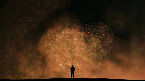 Man Stands Flying Shimmer Particles Background — kuvapankkivalokuva