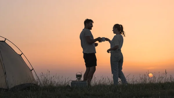 Romantic Couple Sitting Campsite Tent Preparing Tea — Stok Foto