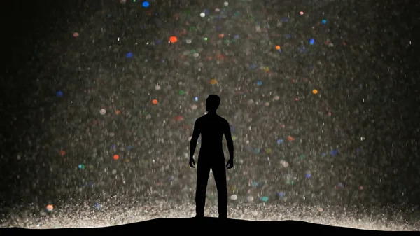 Man Stands Bright Shimmering Particles Background — Stok Foto