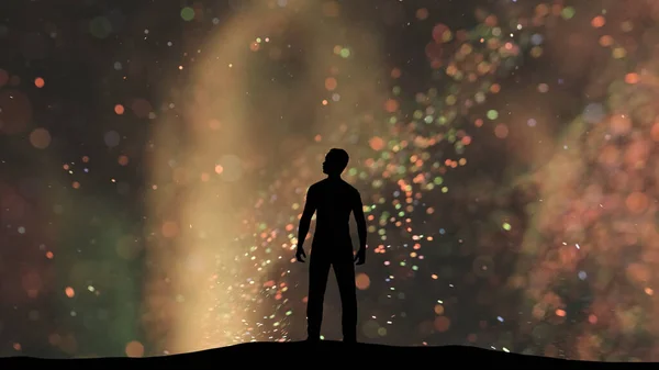 Man Stands Small Shimmering Particles Background — Stok Foto