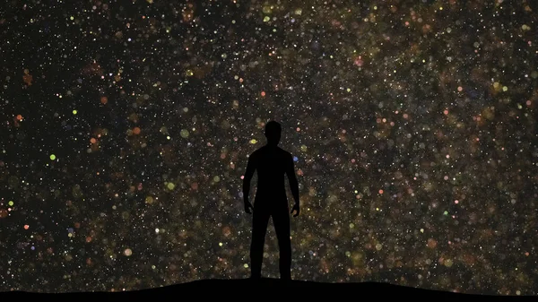 Man Stands Beautiful Starry Sky Background — Stok Foto