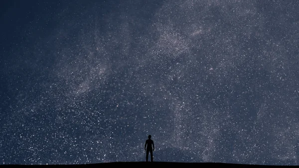Man Stands Picturesque Starry Sky Background — kuvapankkivalokuva