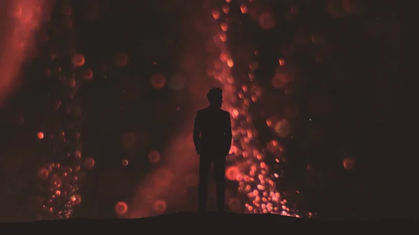 Man Suit Standing Falling Shimmering Particles Background — kuvapankkivalokuva