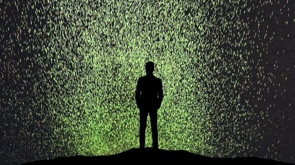 Human Silhouette Standing Small Shiny Particles Background — Stok Foto