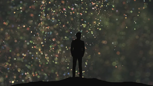 Man Suit Standing Falling Shimmering Particles Background — kuvapankkivalokuva