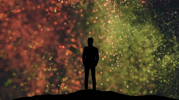 Human Silhouette Standing Small Shiny Particles Background — Stok Foto