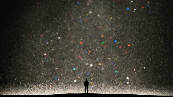 Human Silhouette Standing Small Shiny Particles Background — kuvapankkivalokuva