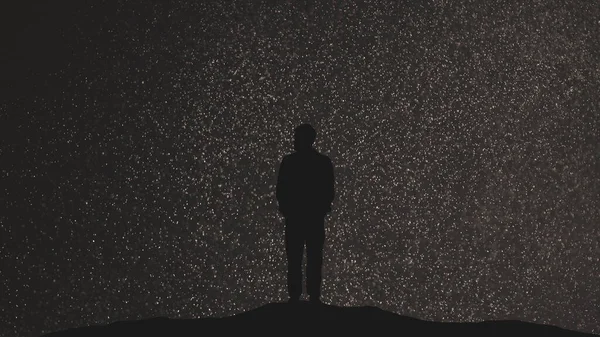 Man Stands Starry Sky Background Stockafbeelding