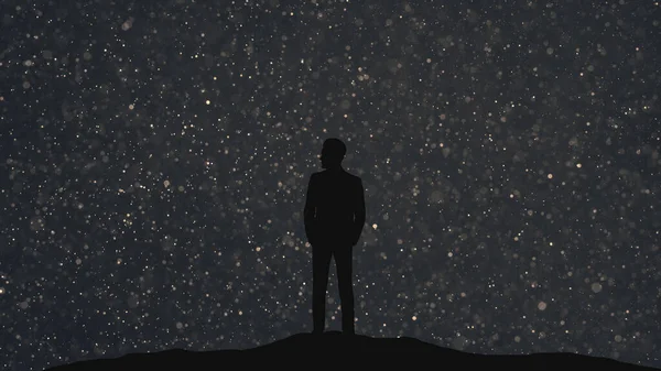 Human Silhouette Standing Starry Sky Background Rechtenvrije Stockafbeeldingen