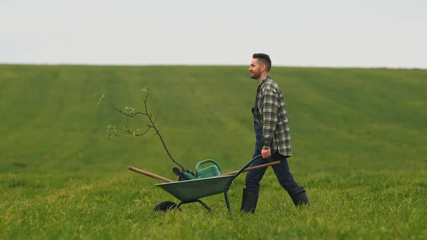 Handsome Gardener Walking Wheelbarrow Field — kuvapankkivalokuva