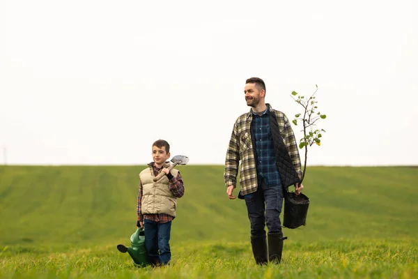 Handsome Man His Son Working Field – stockfoto
