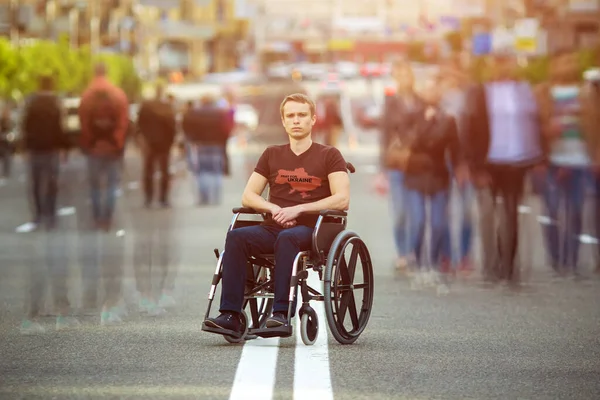 Invalid Man Sit Wheel Chair Street — Photo