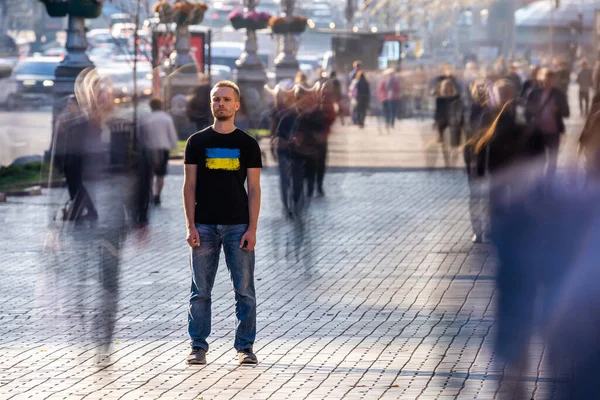 Ukrainian Man Stands Crowded Street 스톡 이미지