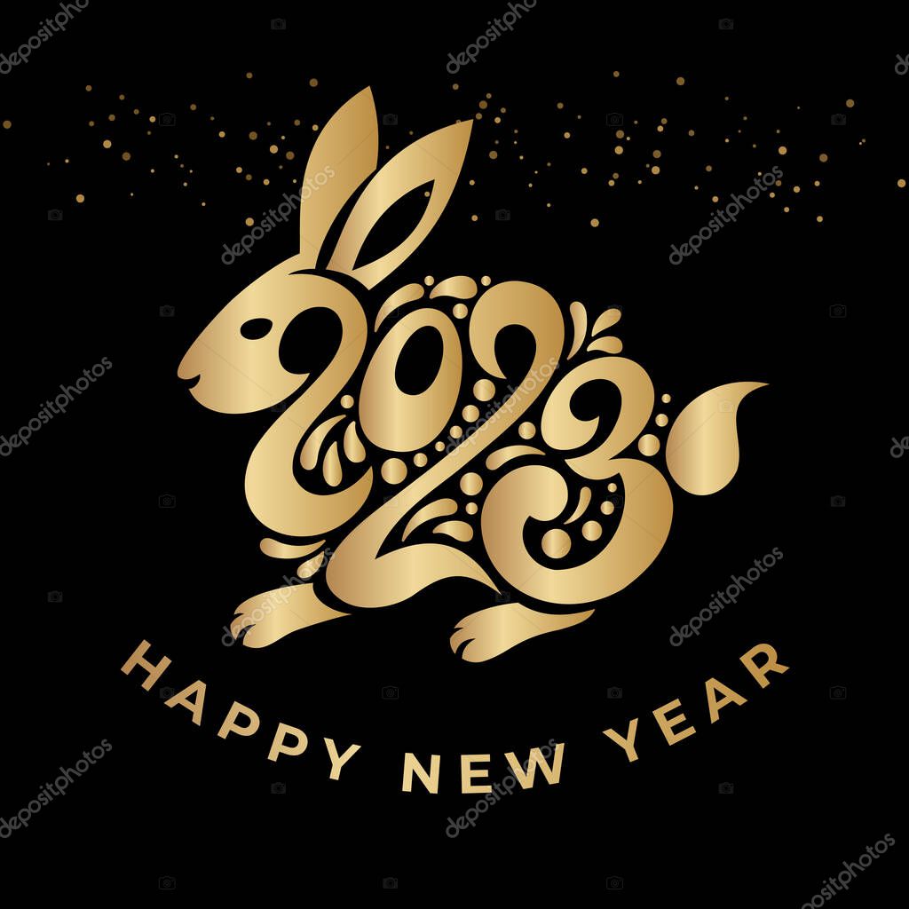 Happy New year 2023. The year of the rabbit of lunar Eastern calendar. Creative rabbit, bunny logo and number 2023 on a black background. Happy Chinese New Year Greeting Card, banner