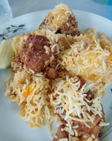 Mutton Biriyani Famous Mutton Biriyani South Asia Served Plate Pieces — Stockfoto