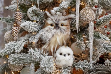 Noel oyuncağı baykuş şeklinde ve küçük yavrusu süslü bir Noel ağacında.