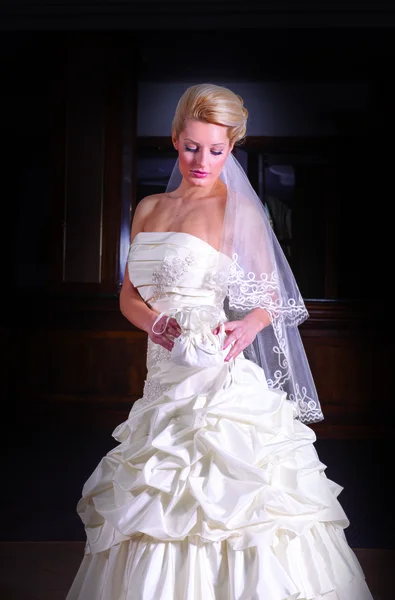 Adorable blonde bride with elegant wedding dress and veil — Stock Photo, Image