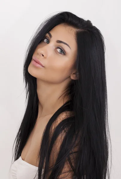 Close Up of Beautiful Young Woman with Black Hair — Stock Photo, Image