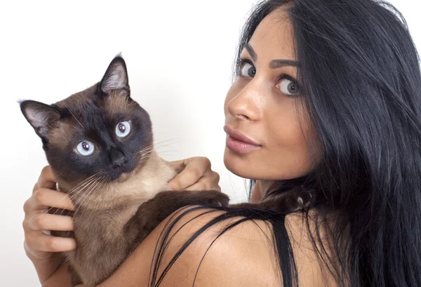 Belle jeune femme tient son beau chat siamois avec les yeux bleus . Images De Stock Libres De Droits