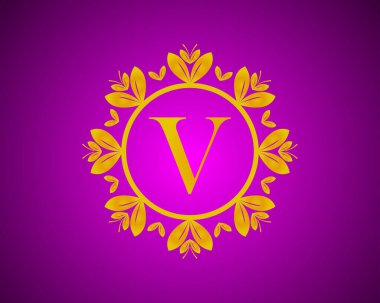 Alfabe V lüks logo tasarımı, altın rengi derecelendirme ve banyo, otel, güzellik ve tımar için uygun altın yaprak dairesi. menekşe VelVet arka planına karşı.