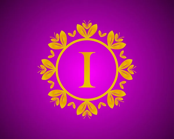 字母I豪华标志设计 金黄色分等级 金黄色叶圈 适用于沐浴 仪容等 在紫色的Velvet背景下 — 图库矢量图片