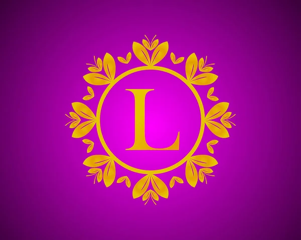 字母L豪华标志设计 带有金黄色分等级和金黄色叶轮 适用于沐浴 美容和造型 在紫色的Velvet背景下 — 图库矢量图片