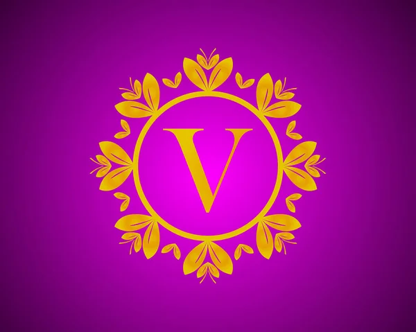 字母V豪华标志设计 带有金黄色分等级和金黄色叶轮 适用于沐浴 美容和造型 在紫色的Velvet背景下 — 图库矢量图片