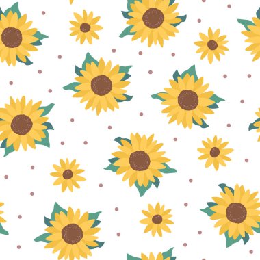 Ayçiçekleri ve küçük daireleri olan şirin karalama vektörsüz desen. Tasarım için güzel bir bitki deseni. Tekstil kavramı, baskı materyalleri, eskiz defteri