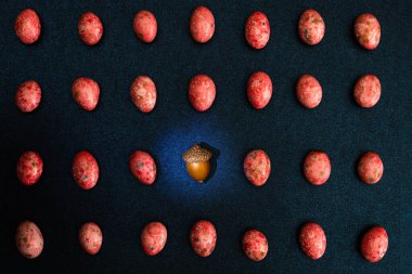 Kırmızı şekerlerin arasında bir meşe palamudu mavi renkli karton arka planda, üst görünümde..