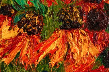 Yeşil arka planda kırmızı ve sarı ekinezya. Yağlı boya. Çiçekler. Yaz ve bahar. Kartpostallar, posterler ve baskılar için..