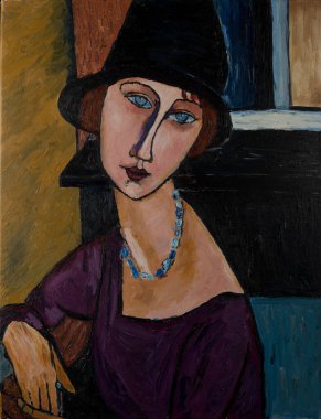 Portrait of a girl in a hat. Beautiful oil painting on canvas. Based on the magnificent painting by Modigliani. Brush strokes and canvas textures.