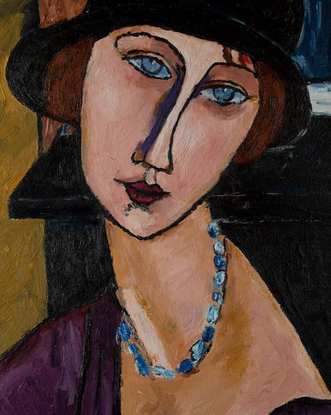 Portrait of a girl in a hat. Beautiful oil painting on canvas. Based on the magnificent painting by Modigliani. Brush strokes and canvas textures.