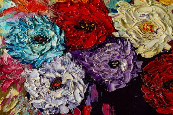 Flores Pintura Óleo Bonita Sobre Tela Pinceladas Texturas Lona — Fotografia de Stock