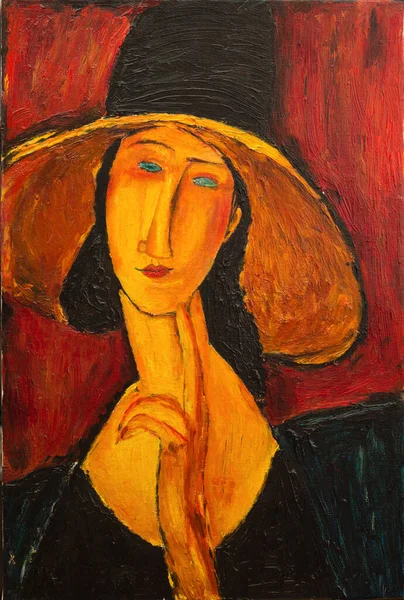 Beautiful Image Oil Canvas Portrait Woman Hat Free Copy Based Stock Kép