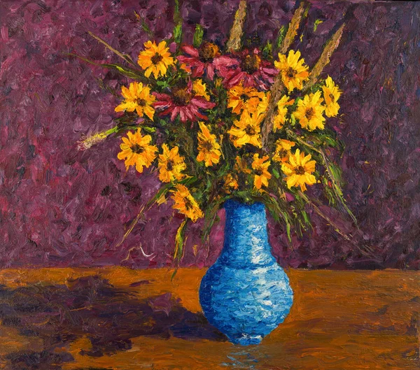 Flowers Vase Original Oil Painting Canvas Bouquet Wild Flowers Blue — Stockfoto