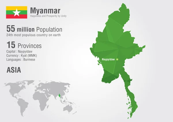 ピクセル ダイヤモンド テクスチャとミャンマーの世界地図。ミャンマー地図. — ストックベクタ